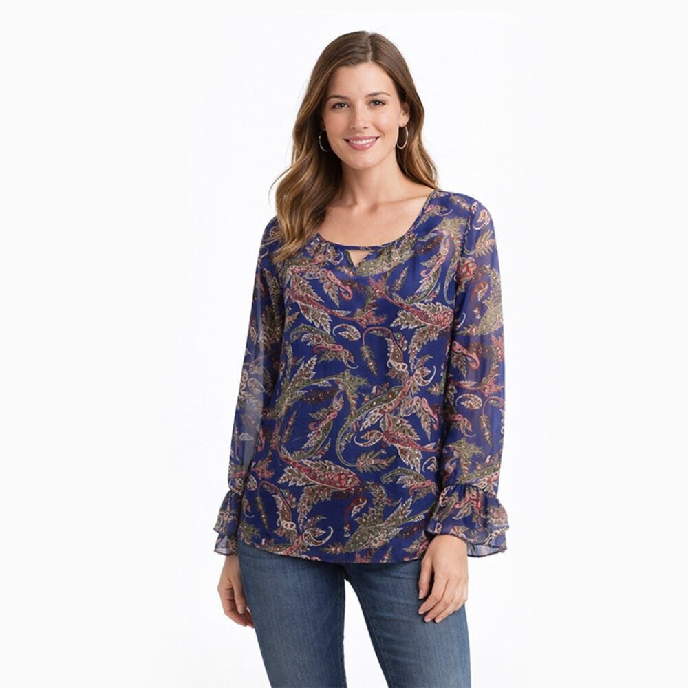 Alyx Women’s Navy Blue Leaf Print Blouse Long Sleeve Cami Style NWT - Picture 1 of 8